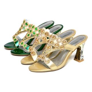 【Sp house】選美皇后全真牛皮瑪瑙鑲水鑽細跟耀眼涼鞋(金色紫色綠色3色全尺碼)