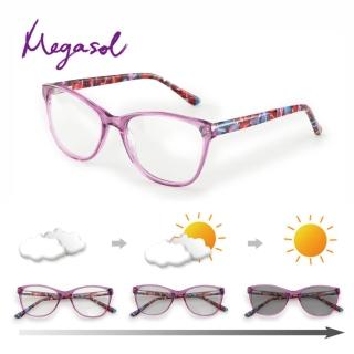 【MEGASOL】年輕文青大框中性淑女老花眼鏡變色墨鏡太陽眼鏡(日式彩色印花架紫框-BS100-PUP)