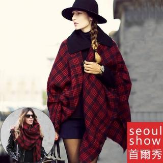 【Seoul Show首爾秀】歐美英倫復古紅黑格子大方巾仿羊絨圍巾披肩(防寒保暖)