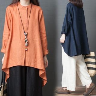 【A.Cheter】藝術風尚下襬不對稱裁切設計立領寬鬆麻棉長版襯衫上衣102914#現貨+預購(3色)