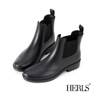 【HERLS】側鬆緊切爾西雕花短筒雨靴(黑色)
