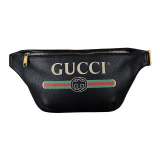 【GUCCI 古馳】經典印花LOGO綠紅綠織帶牛皮拉鍊胸掛/腰包(黑)