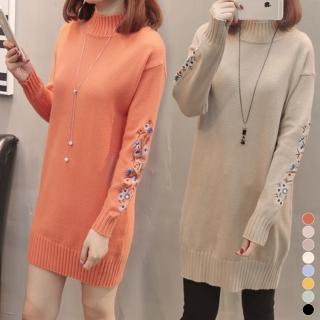 【MsMore】韓風美人花樣刺繡圓領針織長版上衣103177*現貨+預購(8色)