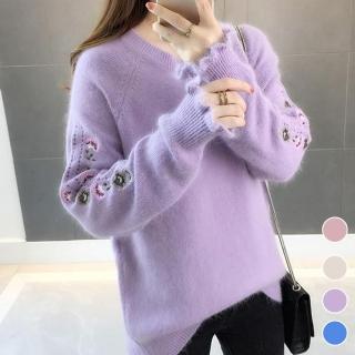 【MsMore】韓版紫羅蘭刺繡毛海毛織圓領荷葉袖口上衣103210現貨+預購(4色)