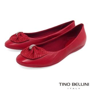 【TINO BELLINI 貝里尼】巴西進口鑽飾寬版蛇紋領結平底娃娃鞋TF8513(紅)