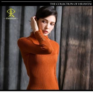 【玄太】高領造型釦條紋棉質針織上衣(駝)