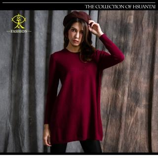 【玄太】彈性寬鬆菱格織紋針織長版毛衣(紅)