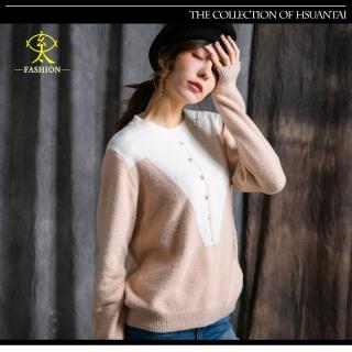 【玄太】拼接配色造型鈕扣舒適針織毛衣(卡其)