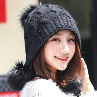【Acorn*橡果】韓系甜美大毛球保暖護耳毛帽1805(黑色)