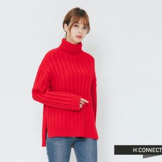 【H:CONNECT】韓國品牌 女裝 -側開岔坑條翻領針織上衣(紅色)