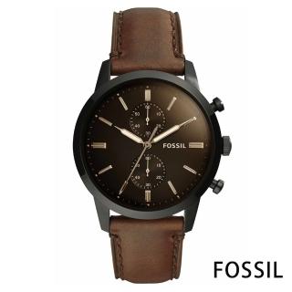 【FOSSIL】深夜義式咖啡秘雙眼錶盤真皮腕錶-深咖啡色x44mm(FS5437)