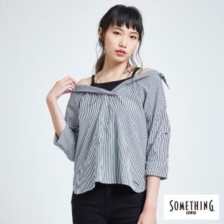【SOMETHING】假兩件直紋V領襯衫(白色)
