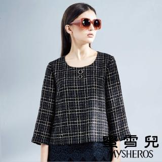 【mysheros 蜜雪兒】格紋蕾絲拼接七分上衣(黑)