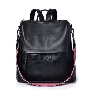 【Sp house】潮流個性全真牛皮荔枝紋英文雙肩背包(黑色)