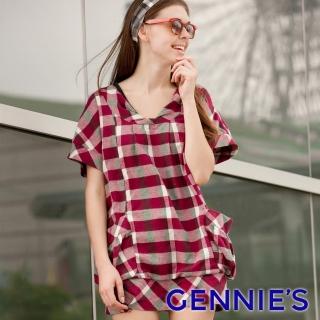 【Gennies 奇妮】經典格紋反摺袖長版上衣(紅/灰C3Y19)