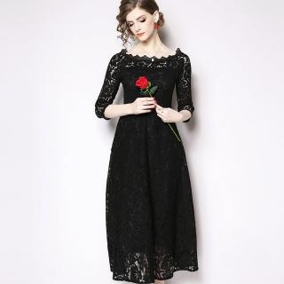 【a la mode 艾拉摩兒】花邊領七分袖透視蕾絲中長裙洋裝(中大尺碼/兩色/M-3XL)