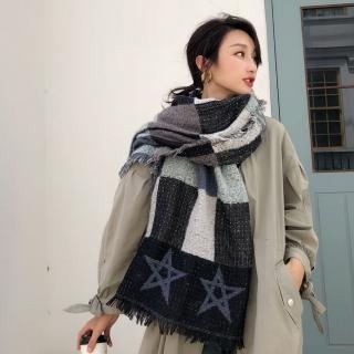 【梨花HaNA】韓系新款藍灰星星方塊混搭仿羊絨披肩圍巾