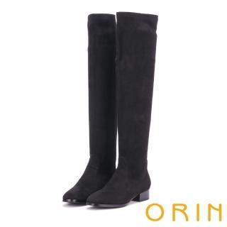 【ORIN】微醺性感 素面彈性絨布過膝粗跟長靴(黑色)