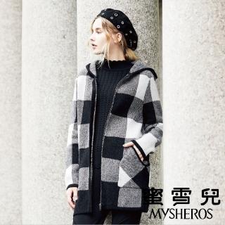 【mysheros 蜜雪兒】黑白格紋針織連帽外套(灰)