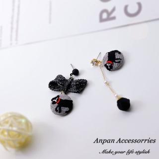 【Anpan】黑系布藝氣質風蝴蝶小貓耳釘式耳環
