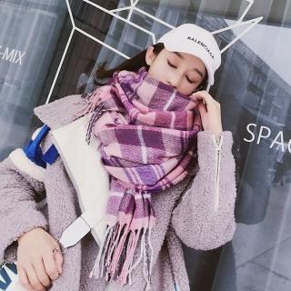【梨花HaNA】淘氣學院風夢幻紫粉格紋加厚仿羊絨披肩圍巾
