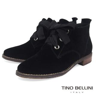 【TINO BELLINI 貝里尼】牛麂皮緞帶綁帶短筒靴C79401(黑)