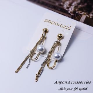 【Anpan】韓東大門個性金屬胸針式珍珠流蘇耳釘式耳環