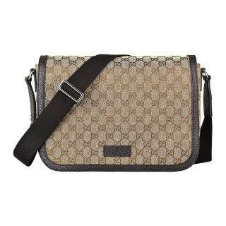 【GUCCI 古馳】GUCCI經典雙G LOGO緹花布牛皮陪襯扣式翻蓋斜背包(大/咖啡)
