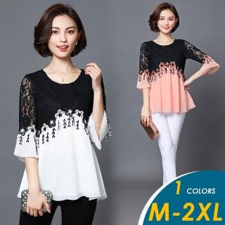 【CHACO】韓系花朵蕾絲喇叭袖圓領修身雪紡衫#826(偏小版)