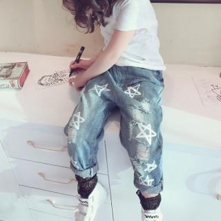【小衣衫童裝】小中大童五角星印花抓破牛仔褲(1080410)