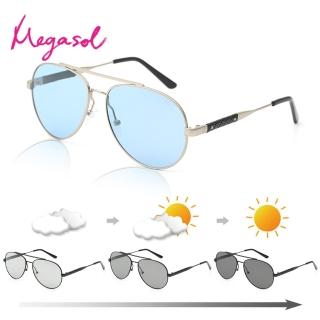 【MEGASOL】寶麗萊UV400時尚中性雷朋偏光太陽眼鏡變色墨鏡(感光智能變色灰片彩片全天候適用-BS8590)