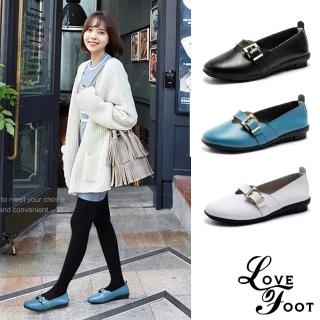 【LOVE FOOT 樂芙】真皮小圓頭拼接時尚一字皮帶釦飾平底休閒鞋(3色任選)