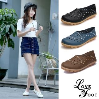 【LOVE FOOT 樂芙】真皮兩穿法手工縫線造型縷空洞洞透氣豆豆鞋(4色任選)