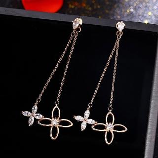 【HaNA 梨花】韓國925銀四葉草流蘇晶綴耳環金色