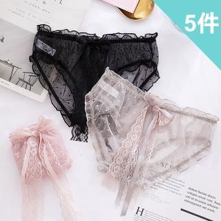 【BoBo 少女系】微．性感 波點蕾絲 5件入有影片 低腰大蝴蝶結網紗三角內褲(M / L)