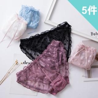【BoBo 少女系】微．性感 星空 5件入有影片 低腰蝴蝶結網紗三角內褲(M / L)