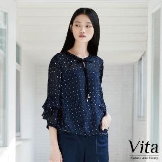 【mysheros 蜜雪兒】VITA 雙色圓點鑽綁帶上衣(藍)