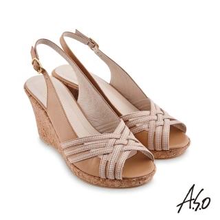 【A.S.O 阿瘦集團】時尚流行 健步美型絨面羊皮條帶魚嘴楔型涼鞋(卡其)