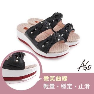 【A.S.O 阿瘦集團】時尚流行 輕穩健康鞋金蔥布料條帶拖鞋(黑色)