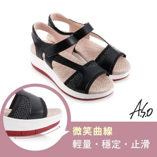 【A.S.O 阿瘦集團】機能休閒 輕穩健康鞋牛皮/網布休閒涼鞋(黑色)