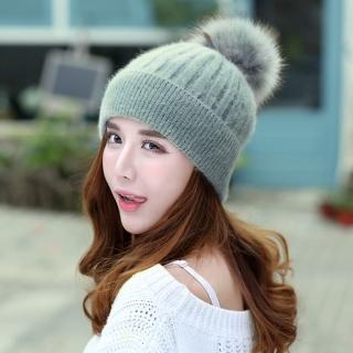 【Acorn 橡果】韓系大毛球內絨加厚保暖毛帽毛線帽1824(灰色)