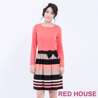 【RED HOUSE 蕾赫斯】蝴蝶結條紋洋裝(橘色)