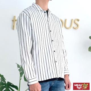 【AMERO】正韓男裝 長袖抗皺條紋襯衫(情侶裝 柔膚布料 微落肩)
