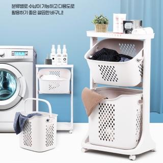 【Mr.Box】無印風雙向取物二層洗衣分類收納籃(附輪)