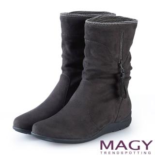 【MAGY】暖冬時尚 2WAY抓皺絨布素面百搭中筒靴(灰色)