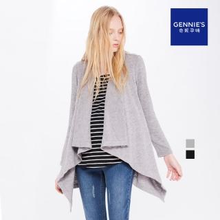 【Gennies 奇妮】垂墜針織條紋假兩件哺乳上衣(黑T3E10)