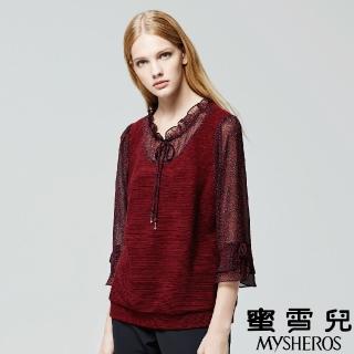 【mysheros 蜜雪兒】小豹紋透膚造型領綁帶上衣(紅)
