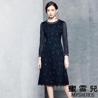 【mysheros 蜜雪兒】邊鑽星座透膚袖洋裝(藍)