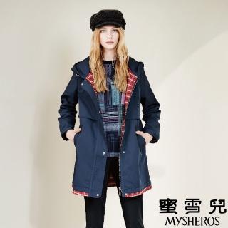 【mysheros 蜜雪兒】長版連帽風衣內格紋外套(藍)