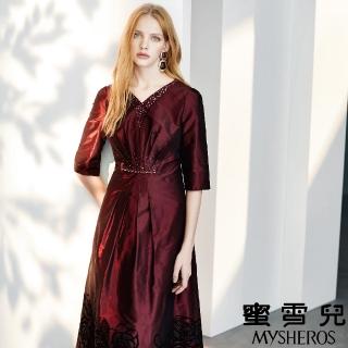 【mysheros 蜜雪兒】緞面抓皺鑽玫瑰洋裝(酒紅)